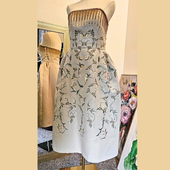Whimsical Fairytale Strapless Dress Sz 8 L Wedding Garden Embroidered Tea Length - Picture 4 of 12